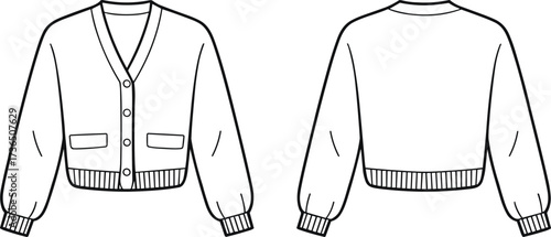 Stylish women cardigan sweater flat fashion technical drawing vector illustration front and back view for apparel clothing design template