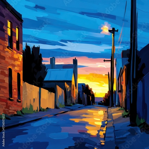Stylized sunset painting of residential street with wet pavement, brick building, and streetlamp