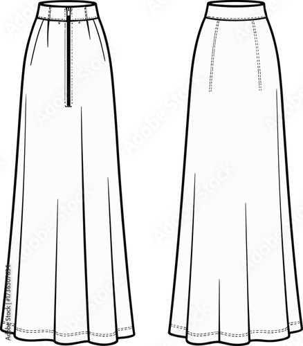 Technical fashion flat sketch of long flared skirt with waistband, zipper closure and seam details front and back vector illustration