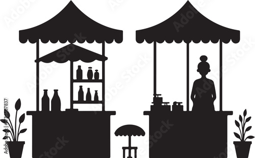 Black silhouette of two market stalls with products and vendor