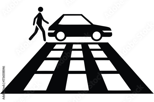 Pedestrian Crossing with Person and Car Icon Black and White Safety Illustration