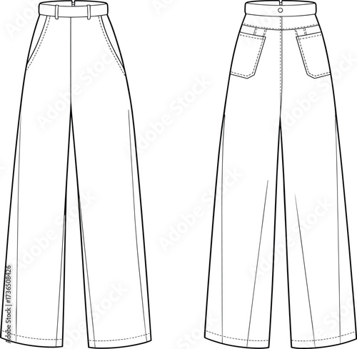 Wide leg high waist pants vector fashion flat technical drawing front and back view illustration for apparel design template
