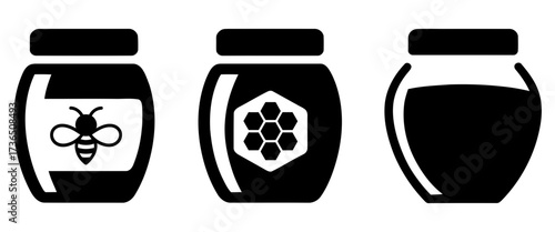 jars of honey with bee and honeycomb icons. honey and bee icons with jars