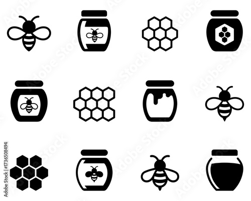 Bee and honey jar icons set. set of vector icons of food