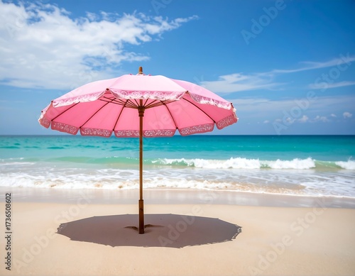 Wallpaper Mural Pink beach umbrella on sandy shore Torontodigital.ca