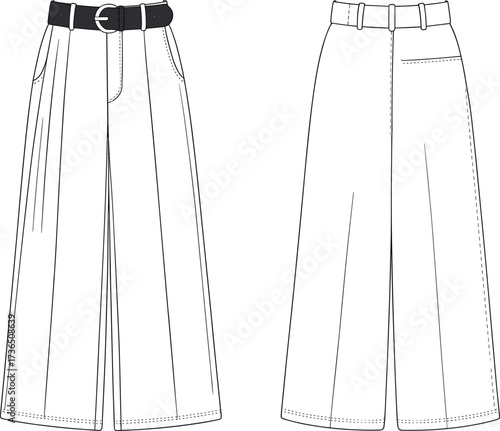 Wide leg high waist women pants with belt fashion flat technical drawing vector illustration front and back view template