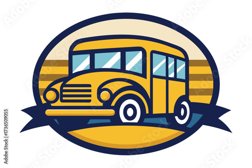 Retro Style Yellow School Bus Emblem with Ribbon Detail and Bold Outline