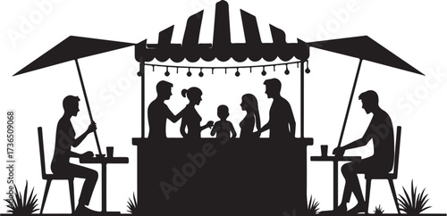 Black silhouette of people at a market stall with umbrellas