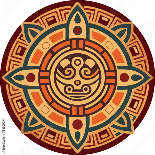 Abstract Mandala Combining Mayan Glyphs – Geometric Vector Illustration