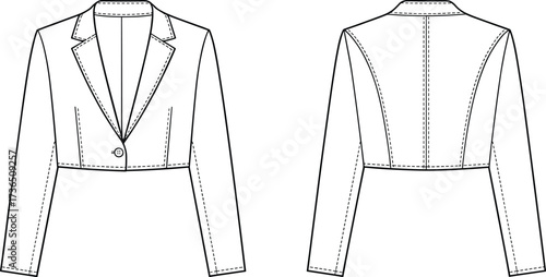 Women cropped blazer fashion flat sketch vector illustration showing front and back technical design with lapel collar and button closure