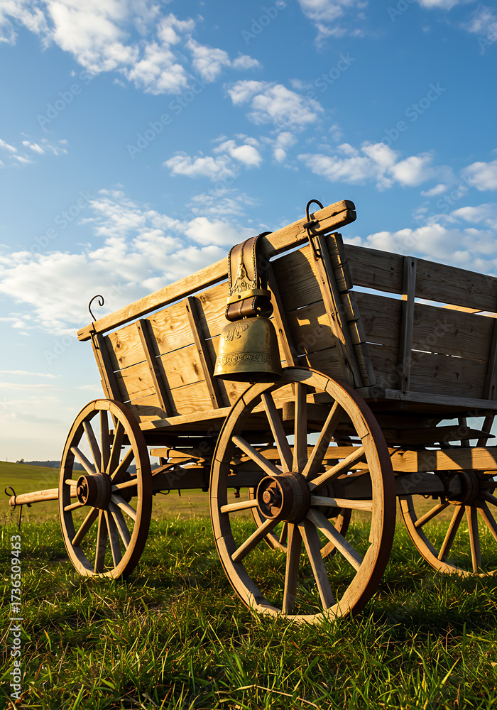Obraz premium An old wooden wagon with large wheels sits in a grassy field under a blue sky with scattered clouds, featuring a hanging brass bell.