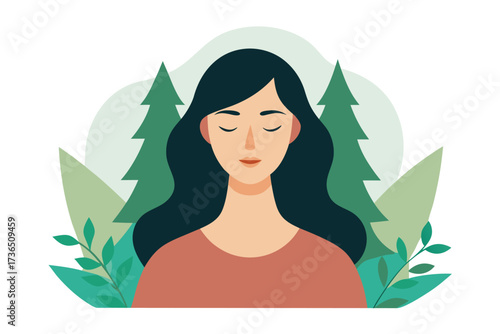 Serene Woman with Closed Eyes Surrounded by Forest Greenery Flat Illustration