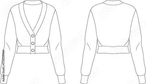 Women cropped cardigan flat fashion sketch vector illustration showing front and back technical design with long sleeves and button closure