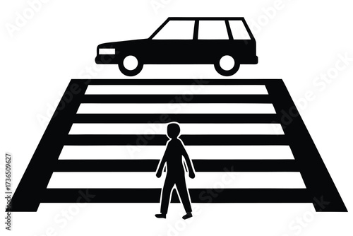 Silhouette Illustration of Car Over Crosswalk with Pedestrian, Black and White Design
