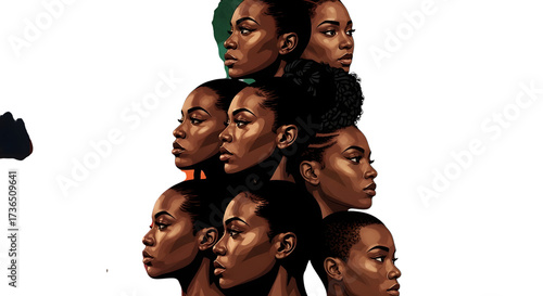Collage of diverse black womens faces in profile, isolated on transparent background