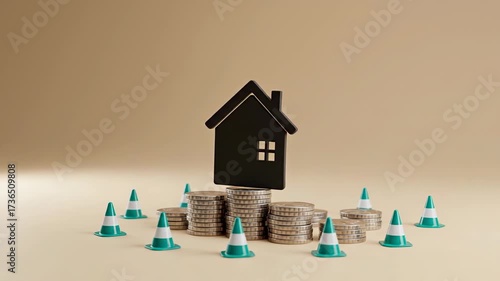 A 3D model of a black house rests on a stack of silver coins, surrounded by small traffic cones, symbolizing housing market risk, investment security, or property construction.


