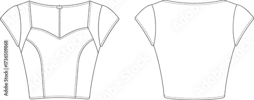 Women fitted crop top technical flat sketch front and back view short sleeve sweetheart neckline vector template for fashion design