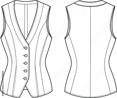 Women fitted sleeveless vest fashion flat sketch vector illustration front and back view template with button closure design details