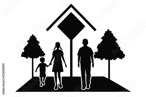 Silhouette of Family Walking Under Structure with Trees in a Black and White