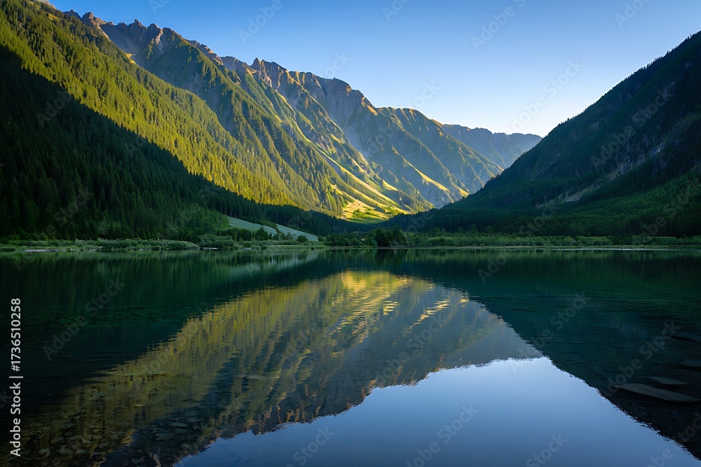 Fototapeta premium Scenic mountain lake reflecting majestic peaks and lush green forest landscape