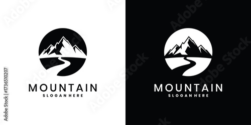 Mountain badge logo design with abstract peak and winding road path