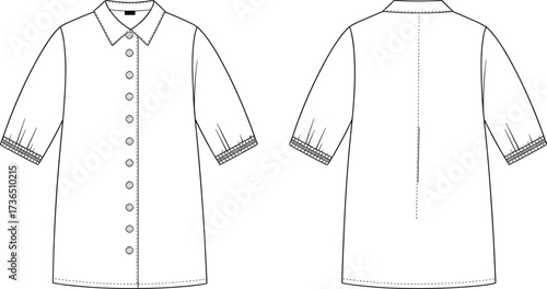 Women half sleeve button front shirt dress flat sketch vector illustration showing front and back technical fashion design with collar