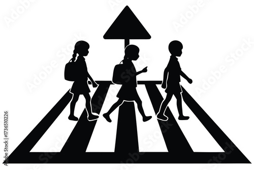 Silhouette of Students Crossing Street at Pedestrian Zone with School Crossing Sign Black and White
