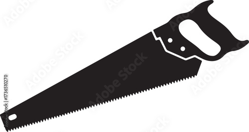 Black silhouette of a classic hand saw with a sharp toothed blade and ergonomic handle.