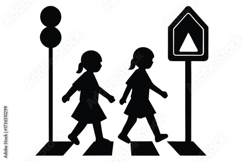 Silhouette of Two Girls Crossing Street Near Zebra Crossing, Traffic Light, and Pedestrian Sign