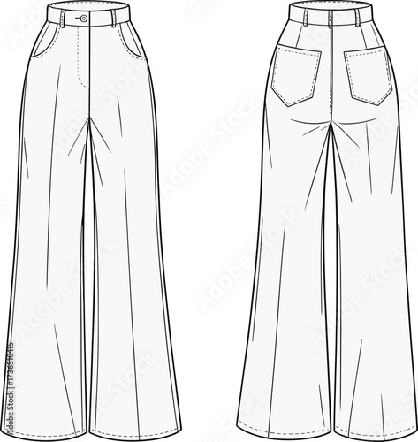 Women high waist wide leg pants technical flat sketch front and back view fashion vector template for clothing design illustration