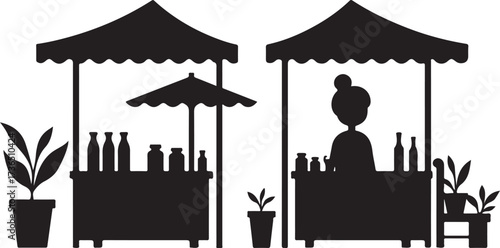 Black silhouette of market stalls with vendor and products