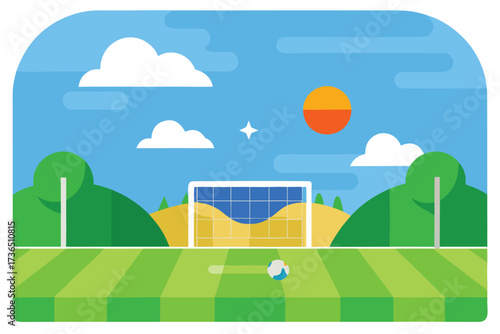 Soccer Field Illustration with a Rolling Ball, Goal, Clouds, and Sunny Sky