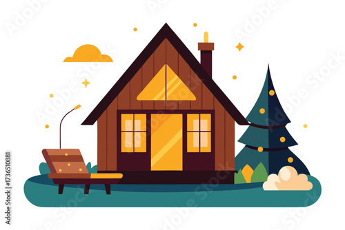 Stylized AFrame Cabin with Christmas Tree, Lawn Chair, and Whimsical Sky Design