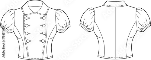 Women puff sleeve cropped jacket fashion flat sketch vector illustration showing front and back technical design with button closure