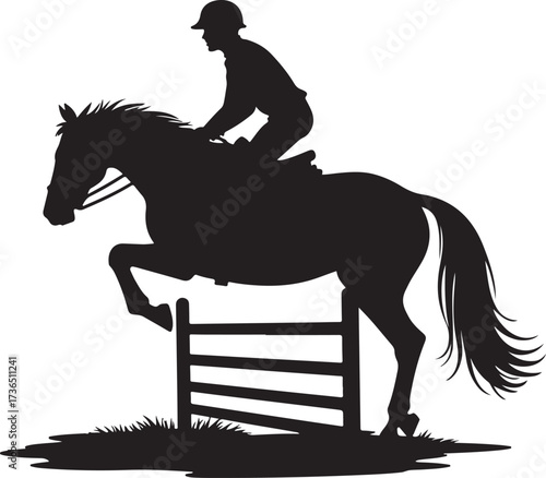 Black silhouette of horse and rider jumping over fence
