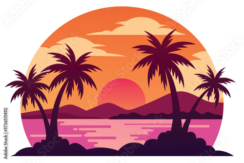 Tropical Sunset Silhouette Palm Trees, Island Hills, and Water Illustration Art