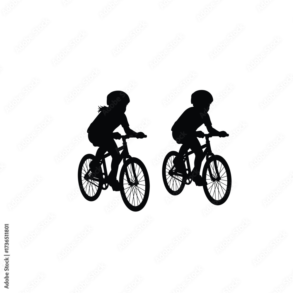 Obraz premium Striking minimalist silhouettes of young children enjoying bicycle rides, a powerful visual representation of the vibrant children's imagination and outdoor adventure