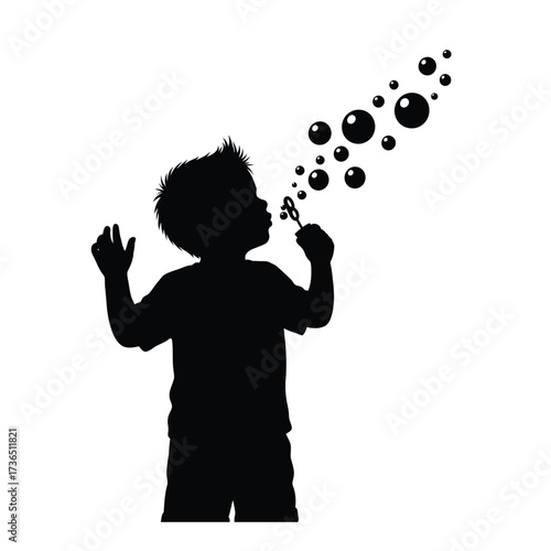 A young boy blowing soap bubbles, a creative children's imagination silhouette representing childhood fun and innocence