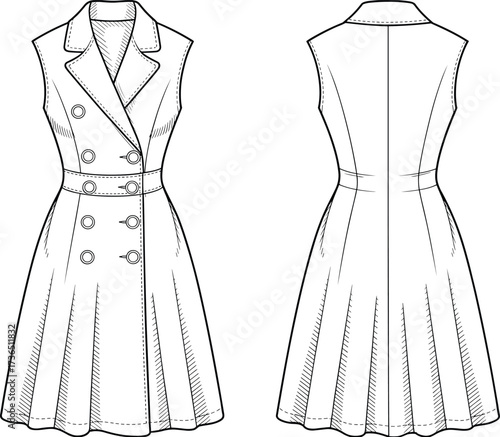 Women sleeveless double breasted trench dress vector fashion flat sketch front and back view for clothing design illustration
