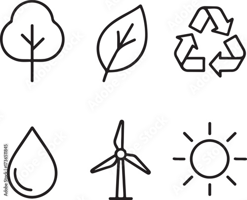 Nature and eco-friendly liner icon pack, tree, leaf, recycle, water drop, renewable energy