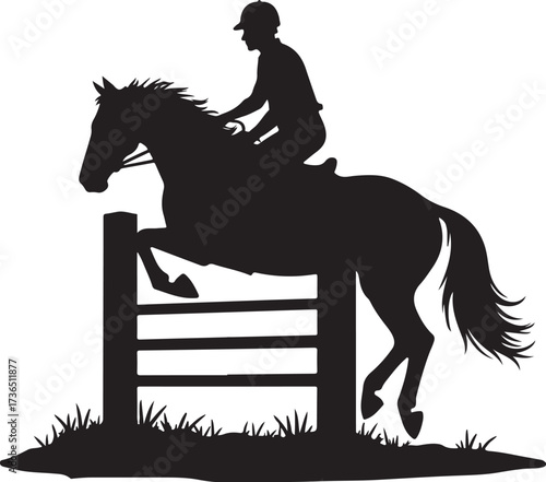 Black silhouette of horse and rider jumping over fence