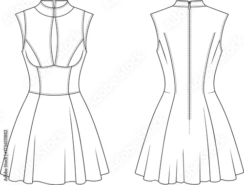 Women sleeveless fit and flare dress flat sketch vector illustration showing front and back technical fashion design with high neckline