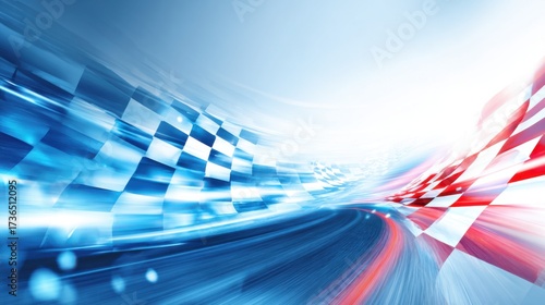 A race track is depicted with waves of blue and red colors creating a feeling of speed. Checkered flags are prominent suggesting competition and excitement during a dynamic race event.