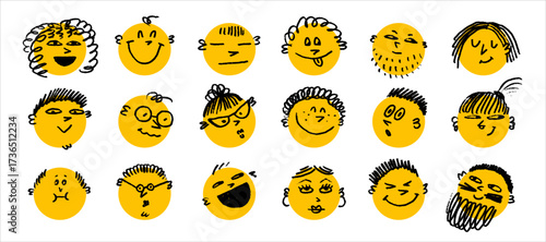 Doodle face set with hand drawn crayon pencil texture on yellow circles. Diverse people, smiles, and funny expressions in playful vector style. Perfect for stickers, posters, cards