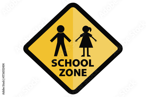 Yellow and Black School Zone Sign with Boy and Girl Figures Illustration