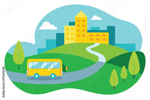 Yellow Bus Driving on Road Towards City with Trees and Green Hills
