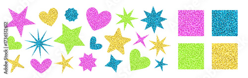 Glitter seamless patterns and stars and hearts shape stickers. Bright vector sequin textures in pink, blue, green, and gold. Perfect for christmas festive designs. Drag to swatches panel to use.