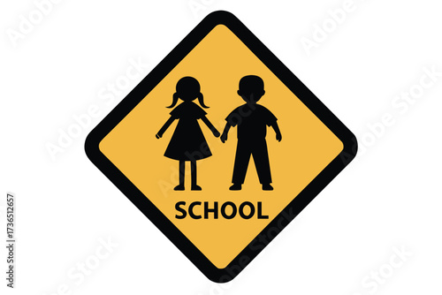 Yellow School Zone Sign Silhouette of Boy and Girl Walking for Children Safety Illustration