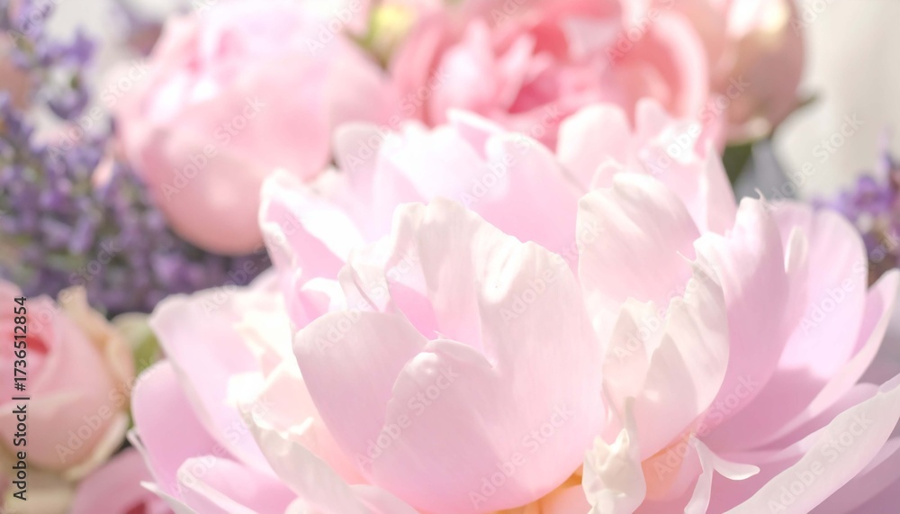 Fototapeta premium Peony flower macro abstraction, overlapping petals, diffused highlight, soft romantic