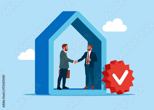 Purchase and pick real estate home. Safe property purchase deal, transaction security. Shaking hand after business deal.  Vector